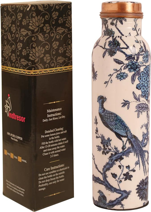 Pure Copper Water Bottle - Handcrafted - Ayurveda health benefits - Large 35 oz - Leak proof, Easy to carry for Sports, Fitness, Yoga, School - White Base Indigo Blue Floral Peacock Enamel