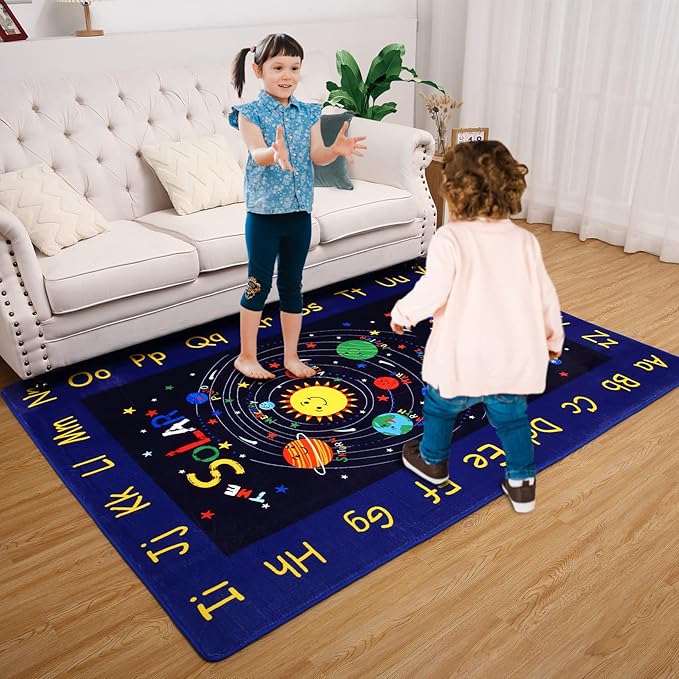 Kids Rug Baby Play Mat Solar System Learning Rug, ABC Alphabet Educational Area Rugs for Classroom Kids Room Baby Playroom Mat Kids Foam Rug Playtime Activity Mat for Toddler 3 x 5