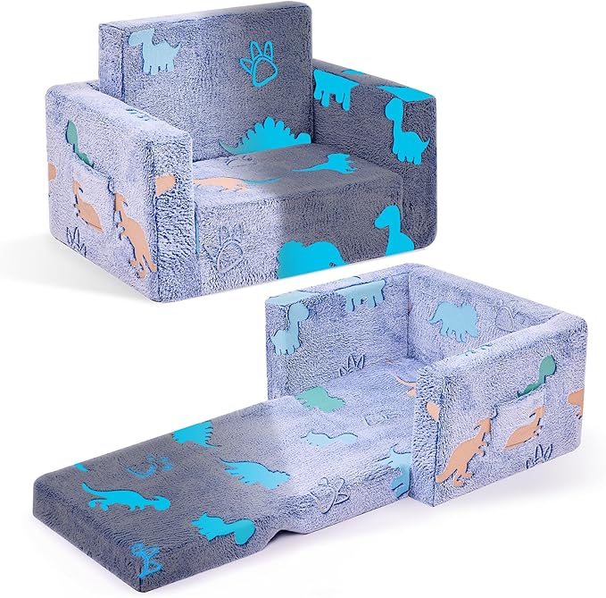 Toddler Chair, Toddler Couch, Kids Couch, Kids Sofa Chair 2 in 1, Comfy Toddler Chair Folding Out for Boys, Girls, Glow in The Dark Extra Soft Open Couch for Playroom, Gifts for Kids, Dinosaur