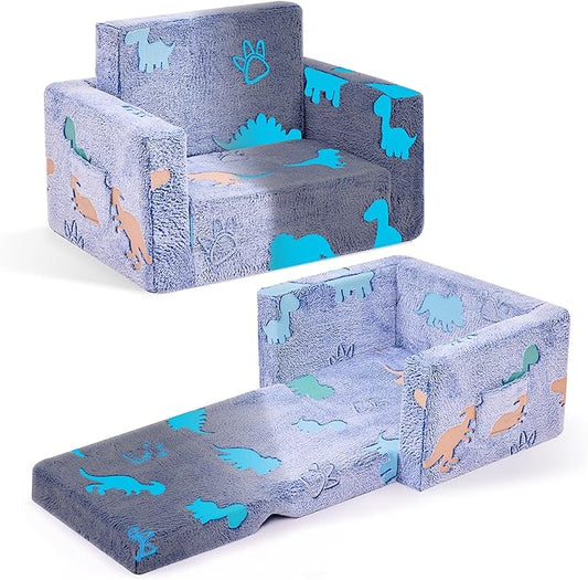 Toddler Chair, Toddler Couch, Kids Couch, Kids Sofa Chair 2 in 1, Comfy Toddler Chair Folding Out for Boys, Girls, Glow in The Dark Extra Soft Open Couch for Playroom, Gifts for Kids, Dinosaur