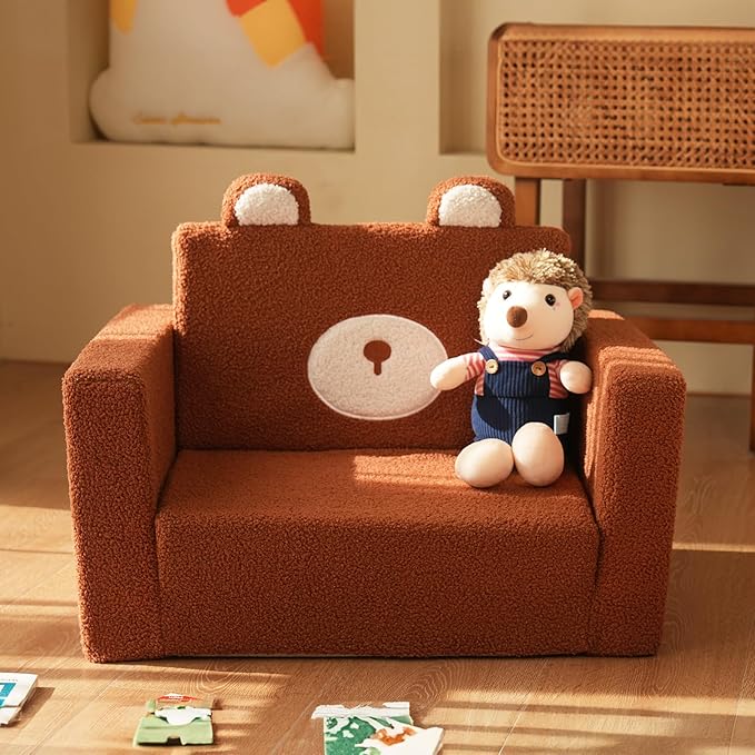 LonSEA Furniture, Teddy Bear, Baby Chair for Toddler, Toddler Bed, Convertible Sofa to Lounger - Comfy 2-in-1 Flip Open Couch/Sleeper for Kids, Toddler Cot, Brown