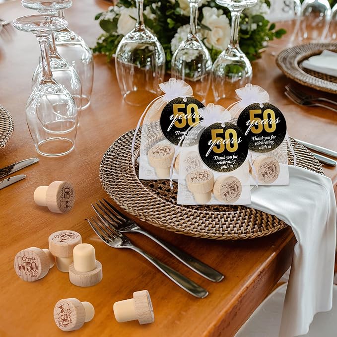 Barydat 50 Sets 50th Birthday Party Favors Wine Bottle Corks Wooden Wine Stopper 50th Anniversary Cheers to 50 Years Thank You Cards Labels Organza Bags Thank You Gifts 50th Birthday Gifts for Guest