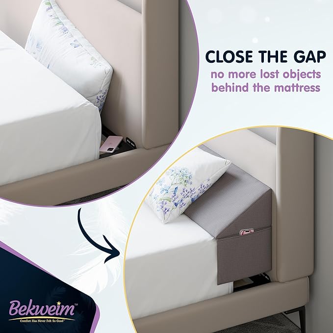 Wedge Pillow Headboard Bed Gap Filler King - Headboard Pillow Size 76 X 10 X 6 - Long Pillow for Bed Wedge Gap Filler with Large Pocket for Bed Accessories - Mattress Gap Filler King Bed (Grey)