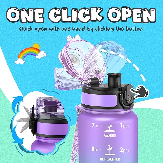 OLDLEY Kids Water Bottle for School, 17 oz (2 lids) BPA-Free Reusable Leak-proof Durable Tritan Plastic Water Bottles with Straw & Chug Lids, Anti-dust Spout Cover (Macaroon)