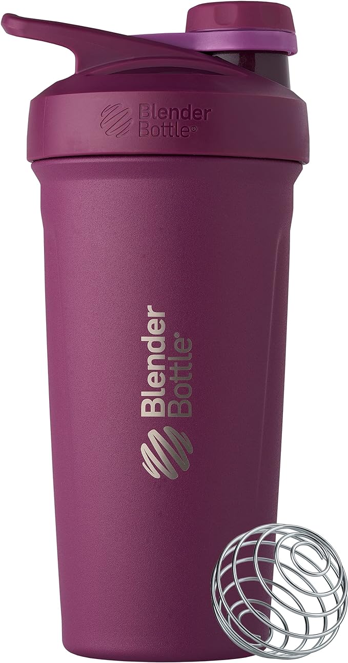 BlenderBottle Strada Twist Cap Shaker Cup Insulated Stainless Steel Water Bottle with Wire Whisk, 24-Ounce, Plum