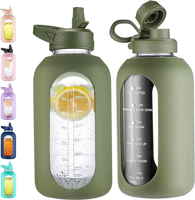 CIVAGO 64 oz Glass Water Bottle Jug with Straw and Handle, Half Gallon Sports Motivational Water Bottle with Time Marker, Large Water Flask Canteen with Silicone Sleeve for Gym,Army Green