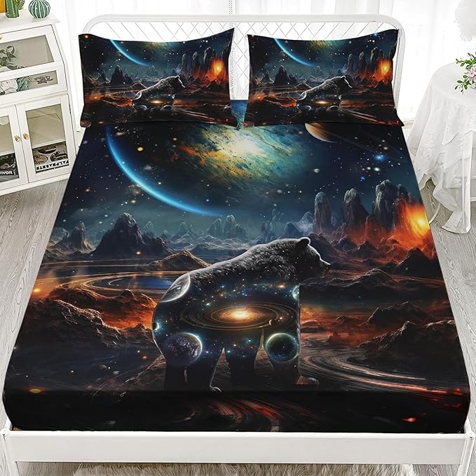 AILONEN Panther Fitted Sheet Set Twin XL Size, Galaxy Starry Planet Volcano Boys Black Bear Bed Sheet Set,3 Pieces Printed Fitted Sheet with 2 Pillowcases