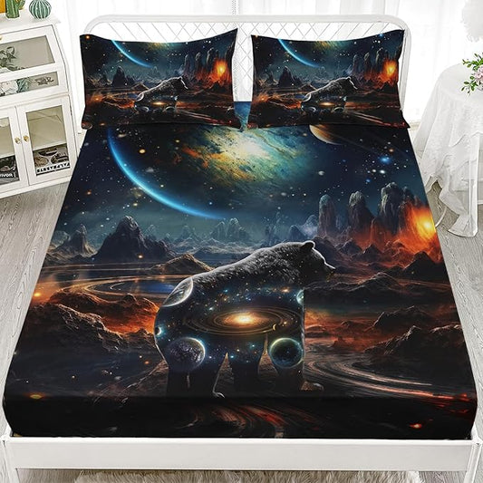 AILONEN Panther Fitted Sheet Set Twin Size, Galaxy Starry Planet Volcano Boys Black Bear Bed Sheet Set,3 Pieces Printed Fitted Sheet with 2 Pillowcases