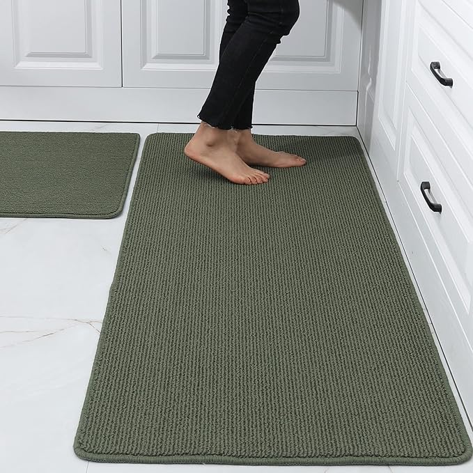 COSY HOMEER 24x35 Inch/24X60 Inch Kitchen Rug Mats Made of 100% Polypropylene Strip TPR Backing 2 Pieces Soft Kitchen Mat Specialized in Anti Slippery and Machine Washable,Green