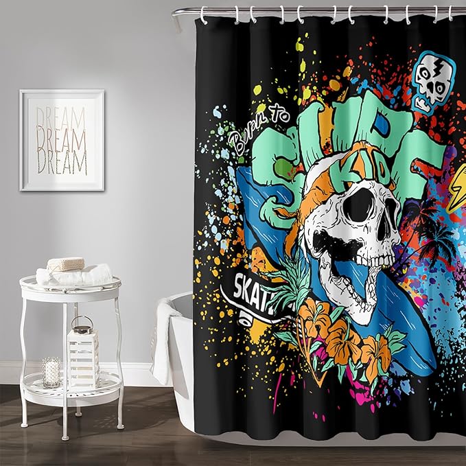 AILONEN Surf Skull Shower Curtain for Bathroom,Colorful Graffiti Flower Art Bathroom Curtain for Kids Boys Girls,Bath Curtain 36" W*72" H Polyester Waterproof Bathroom Curtain with 12 Hooks