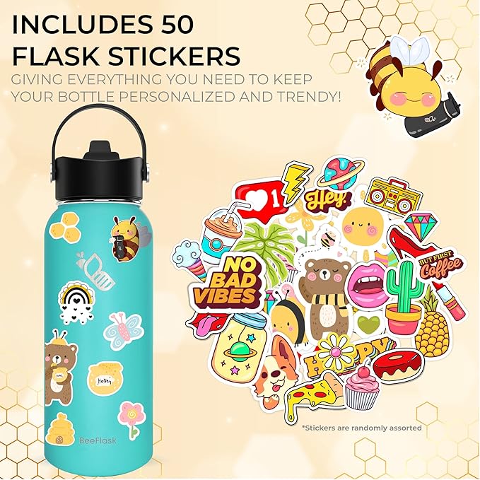 Sports Water Bottle - 32 Oz, Includes 50 Cute Flask Stickers, 3 Lids (With straw), Vacuum Insulated, 308 Stainless Steel | Turquoise