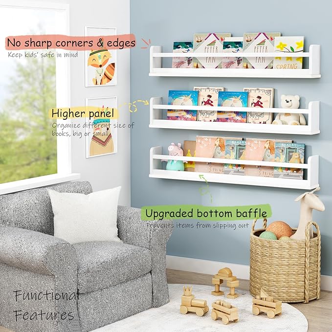 Large Nursery Book Shelves 36 Inches Long Set of 3, Modern Plate Shelf for Wall Display, Floating Shelves with Lip and Clothes Rod for Kids Bedroom Living Room Kitchen Bathroom (White)