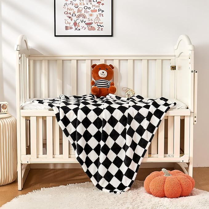 Checkered Baby Blanket Fleece Baby Blankets for Boys Girls, Ultra Soft Cozy Fluffy Infant Toddler Newborn Receiving Blankets for Crib Stroller, 30''x40'', Black