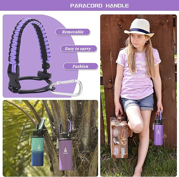 Farsea Insulated Water Bottle with Straw Lid & Spout Lid & Paracord Handle, Stainless Steel Water Bottle Wide Mouth, Double Wall Sweat-Proof BPA-Free, 18 oz, Purple