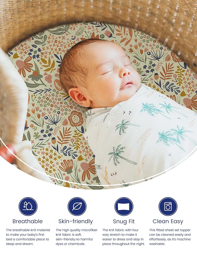 TotAha Premium Soft Bassinet Sheet for Boy Girl, Super Stretchy Jersey Knit Bassinet Fitted Sheet, Compatible with Halo, Maxi COSI, Mika Micky, SNOO, and Other Bassinet, 2 Pack (Happy Zoo & Jungle)