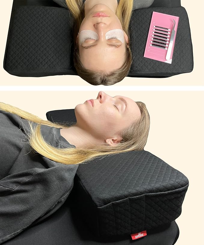 Pillow for Eyelash Extensions - Curved Memory Foam Lash Bed Pillow with Neck and Back Support, Perfect Pillow for Eyelash Extensions, Two Pockets for Tools On The Sides of Pillow (Black)