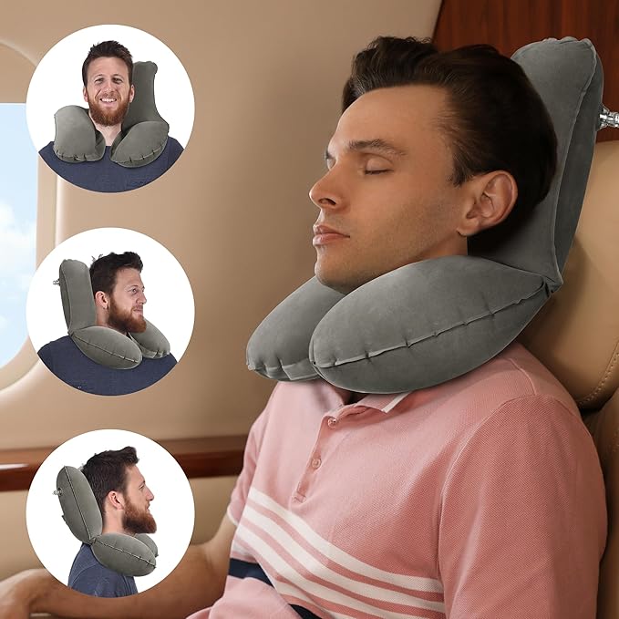 MABOZOO Inflatable Travel Neck Pillow, Portable Blow up Neck Pillow for Chin, Head Support Soft Velvet Airplane Pillow for Sleeping,Traveling,Train, Car, Office