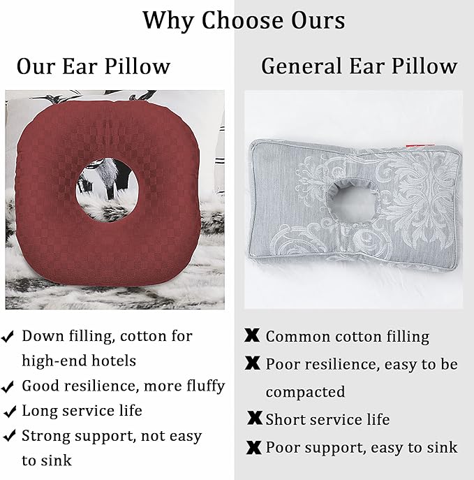 Ear Piercing Pillow for Side Sleepers, Pillow with an Ear Hole for CNH and Ear Pain Ear Inflammation Pressure Sores, O-Shaped Side Sleeping Pillow, Ear Guard Pillow(Dark Red)