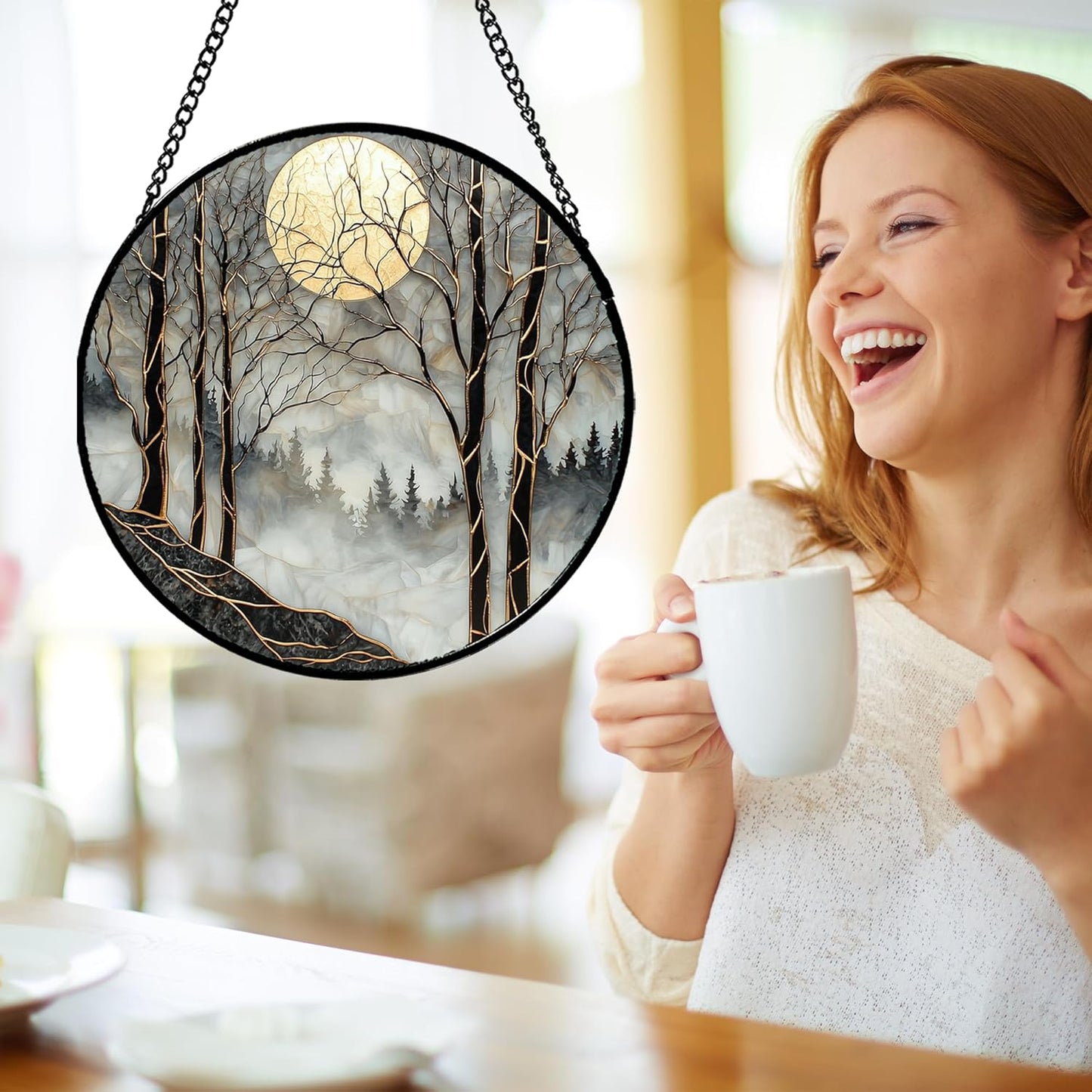 Stained Glass Window Hanging - Black and White Gold Moon Forest Sun Catcher for Door Home Decor Suncatcher Christmas Mother's Day Birthday Gifts for Women Men Lovers Mom Nana 15 in
