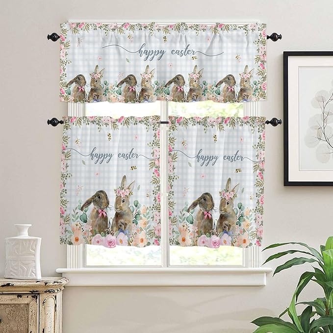 Rabbits Flowers Easter Kitchen Curtains and Valances Set,Eucalyptus Leaf Spring Summer Window Tiers Grey White Buffalo Plaid Half/Short Curtains for Small Windows Cafe /Living Room/ Bedroom 54x 36 in
