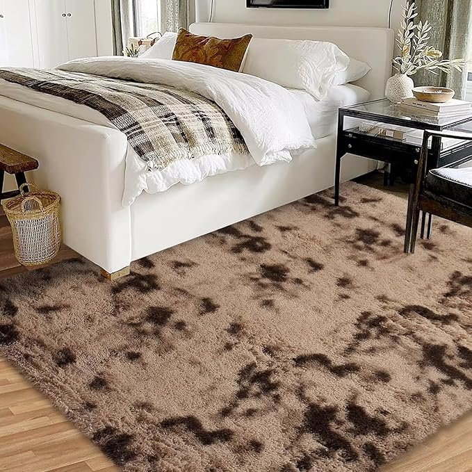 Extra Large 9x12 Fluffy Shaggy Area Rug for Living Room Indoor Modern Plush Faux Fur Carpet for Bedroom Soft Thick Throw Rug for Nursery Kids Room Non Slip Fuzzy Rug for Home Decor,Tie Dye Brown