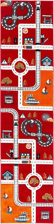 SAFAVIEH Carousel Kids Collection Runner Rug - 2' x 8', Red & Ivory, Neighborhood Design, Non-Shedding & Easy Care, Ideal for High Traffic Areas for Boys & Girls in Playroom, Bedroom (CRK192Q)