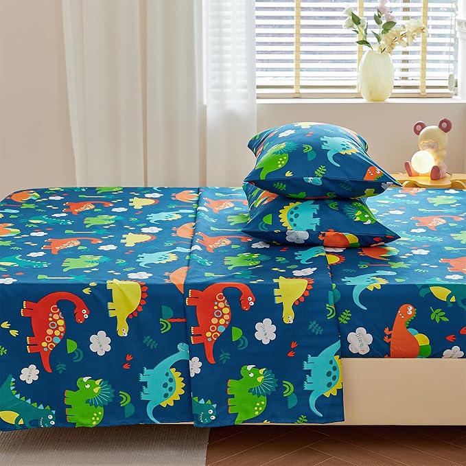 RYNGHIPY Kids Dinosaur Sheets Set for Boys Soft Microfiber Dino Sheets for Twin Size Bed Deep Pocket Fitted Sheet Flat Sheet and Pillowcase (Blue Dinosaur,Full)