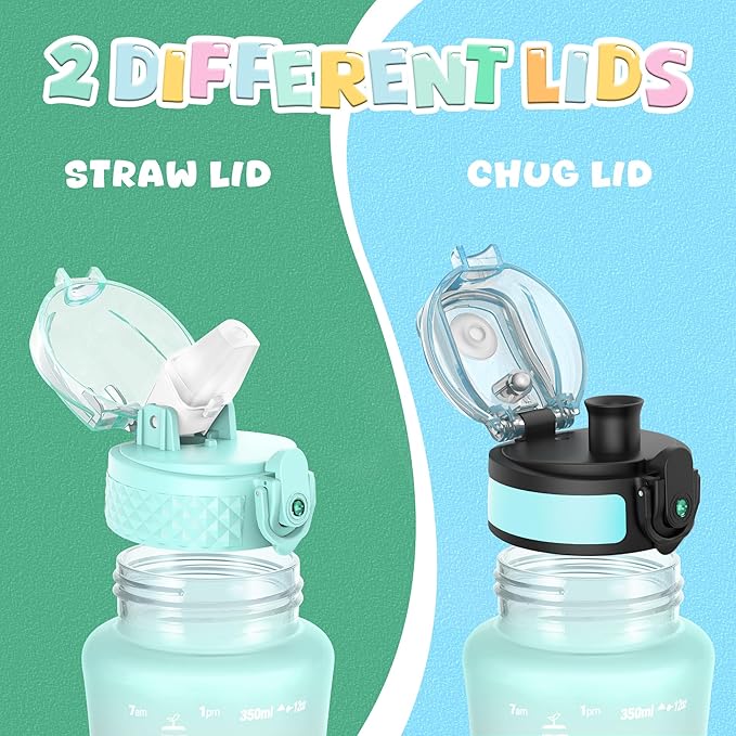 OLDLEY Kids Water Bottle for School, 12 oz (2 lids) BPA-Free Reusable Leak-proof Durable Tritan Plastic Water Bottles with Straw & Chug Lids, Anti-dust Spout Cover (Mintpink)