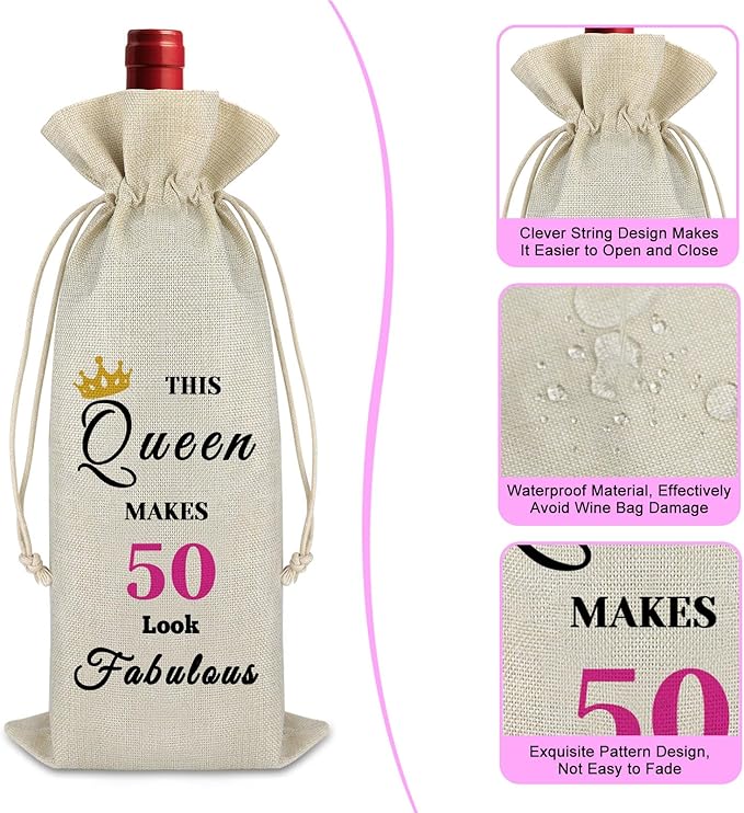 50th Birthday Gift 50 Year Old Gift Wine Bag for Women Party Decor Drawstring Wine Bottle Bag 50th Female Milestone Gift Birthday Mother's Day Christmas Gift for Mom Sister Burlap Wine Cover Bag