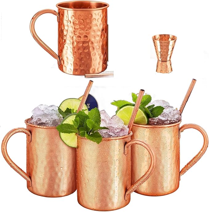 Moscow Mule Copper Mugs - 100% Hammered HANDCRAFTED 16 oz Christmas Gift Set Premium Quality Cocktail Copper Straws and Jigger! - Set of 4 Mug with Shot Glass -Pure Solid Mugs 4 Perfect Cocktail Mug