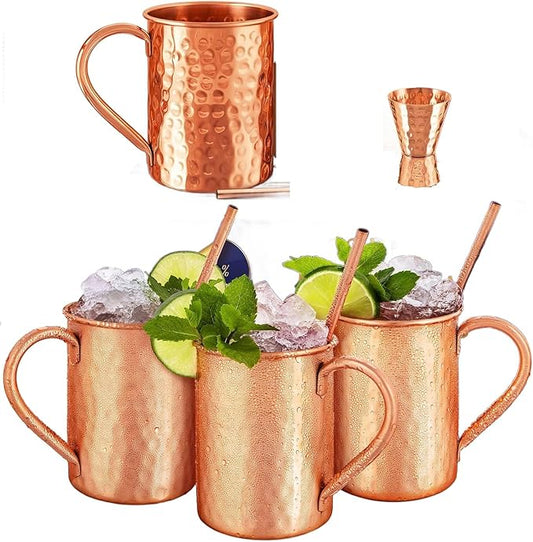 Moscow Mule Copper Mugs - 100% Hammered HANDCRAFTED 16 oz Christmas Gift Set Premium Quality Cocktail Copper Straws and Jigger! - Set of 4 Mug with Shot Glass -Pure Solid Mugs 4 Perfect Cocktail Mug