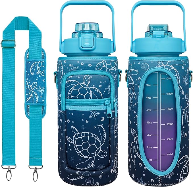 Sea Turtle Half Gallon Water Bottle with Sleeve Water Bottle 64 Oz Water Bottle with Time Marker, Leakproof-Free Drinking Water Bottle, Sports Turtle Water Bottle Half Gallon Water Jugs