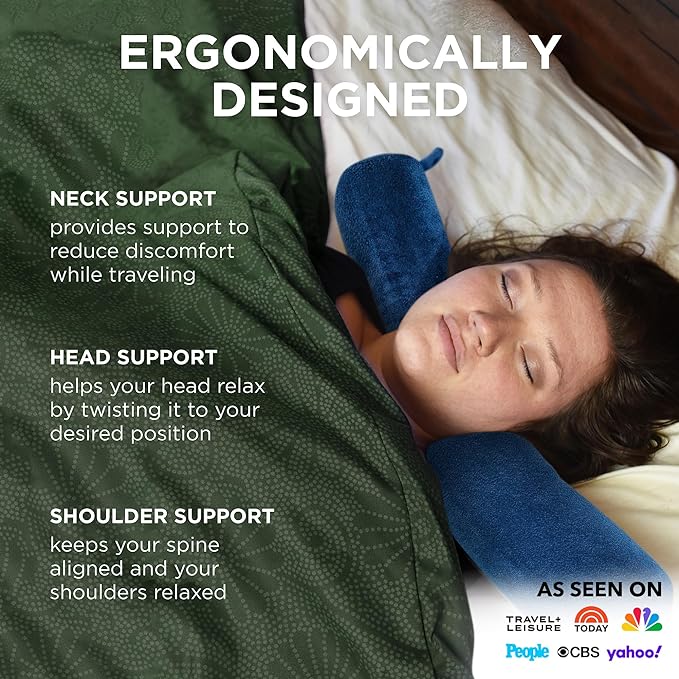 Dot&Dot Twist Memory Foam Travel Pillow for Airplanes - Travel Neck Pillow for Sleeping - Airplane Pillow for Neck Support, Chin, Lumbar and Leg - Adjustable, Bendable Neck Roll Pillow (Dark Blue)