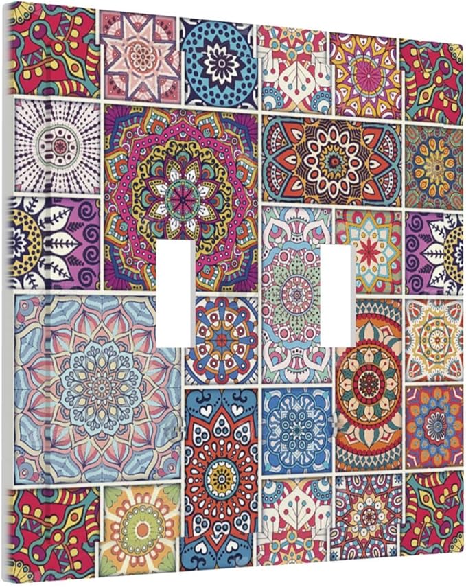 Morocco Talavera Mexican Tiles Printed Colroful Mandala Double Toggle Light Switch Covers 2 Gang Wall Plate Dual Decorative Switchplate Electrical Faceplate for Kitchen Bathroom Bedroom Decor