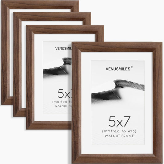 5x7 Picture Frame Set of 4 Natural Solid Walnut Photo Frames with 4x6 Removable Mat Wall Hanging Large Handcrafted Frame with HD Plexiglass Wall and Tabletop Display Large Poster Frame