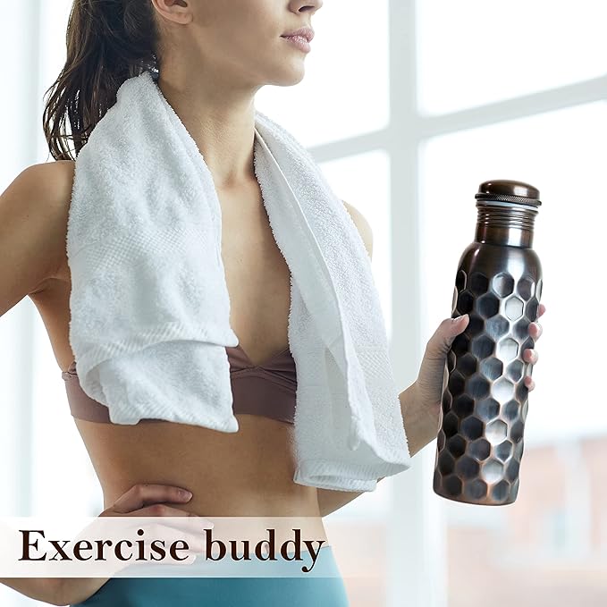 Eunoia Copper Water Bottle with Lid 32 oz, Handmade Ayurvedic Copper Bottle Water Vessel, Gym Water Bottle for Sports Exercise Yoga Fitness, Diamond Antique