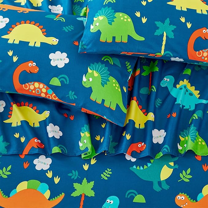 RYNGHIPY Kids Dinosaur Sheets Set for Boys Soft Microfiber Dino Sheets for Twin Size Bed Deep Pocket Fitted Sheet Flat Sheet and Pillowcase (Blue Dinosaur,Twin)