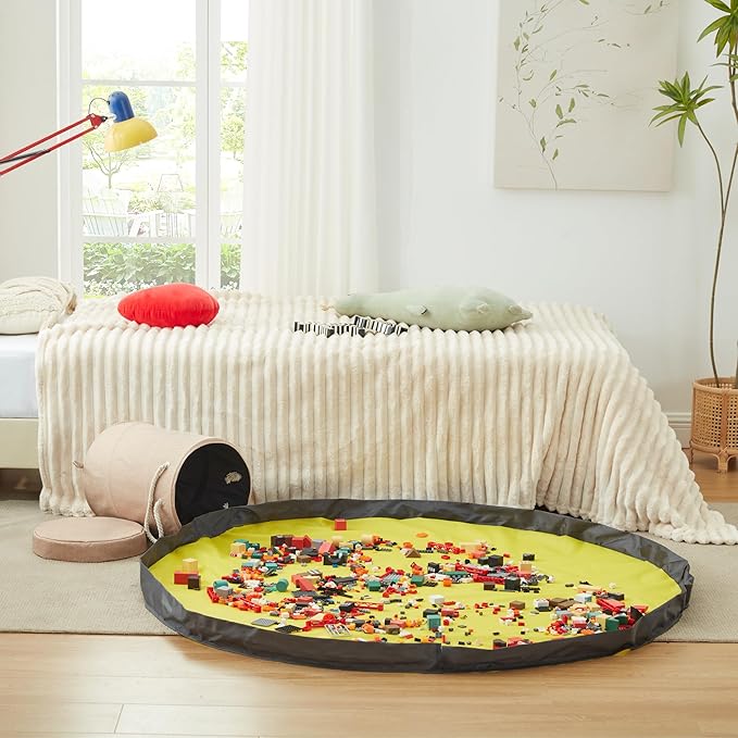 EXQ Home Toy Storage Basket and Building Bricks Toy Play Mat for Kids Rooms (11.8 x15 inches) - Organizer Storage Organizer for Toys, Playroom Canvas Bag Gift for Boy/Girls Beige