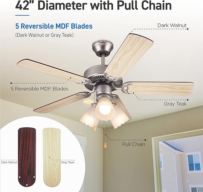 COMMERCIAL COOL 42” Contemporary Ceiling Fan with Lights, Cools up to 175 Sq. Ft., Ideal for Medium Sized Rooms, Equipped with Dual Chain, 5 Reversible Dual Finish Blades & Featuring 3 Air Flow Speeds