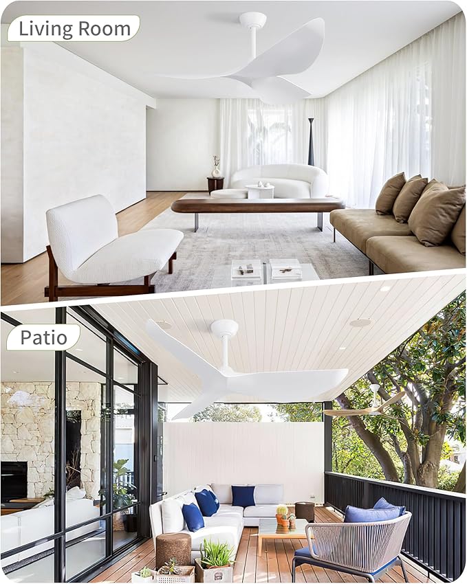 CACI Mall Ceiling Fans without Lights - 52-Inch Flush Mount Ceiling Fan with 6 Speeds, 3 Timer Remote, Quiet Reversible DC Motor, and 5"/10"/25" Replacement Downrods (White ABS Blades)