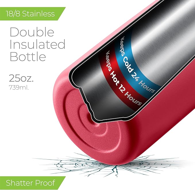 SipX™ Triple-Insulated Stainless Steel Water Bottle 25oz. With 3 Lids, BPA-Free Reusable Insulated Water Bottle Keeps Cold 24 Hours, Metal Water Bottle Made Of Sustainable Material For Hiking & Biking