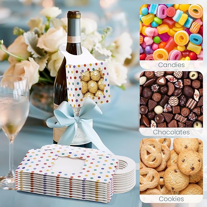 ISKYBOB 20PCS Wine Bottle Box with Window, Kraft Paper Wine Boxes for Gifts Hanging Treat Box Mini Charcuterie Candy Boxes Wine Champagne Bottles Gift Box Goodie Bags for Birthday Party, Colorful Dots