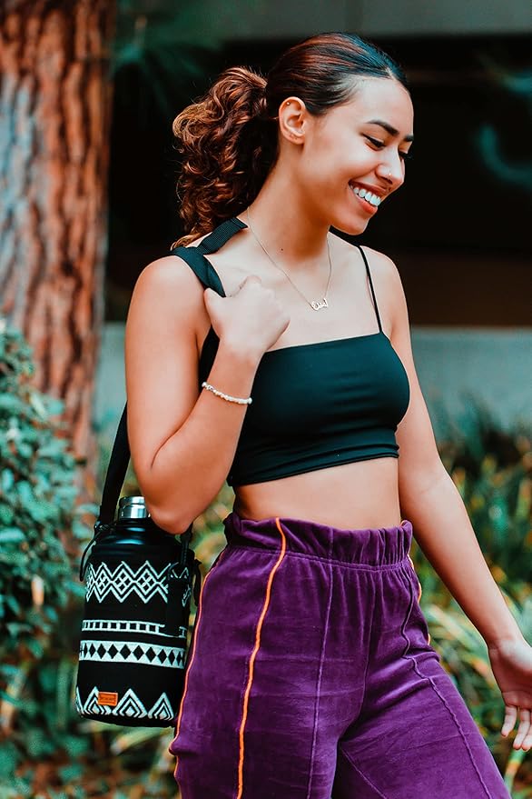 Off the Grid Water Bottle Holder w/Strap | Bottle Sleeve Carrier for Walking, Backpacking | Hydro and Iron Flask Sling Bag | Bottle Protector for Beer Water Coffee Wine | (32 oz, Obsidian Black)