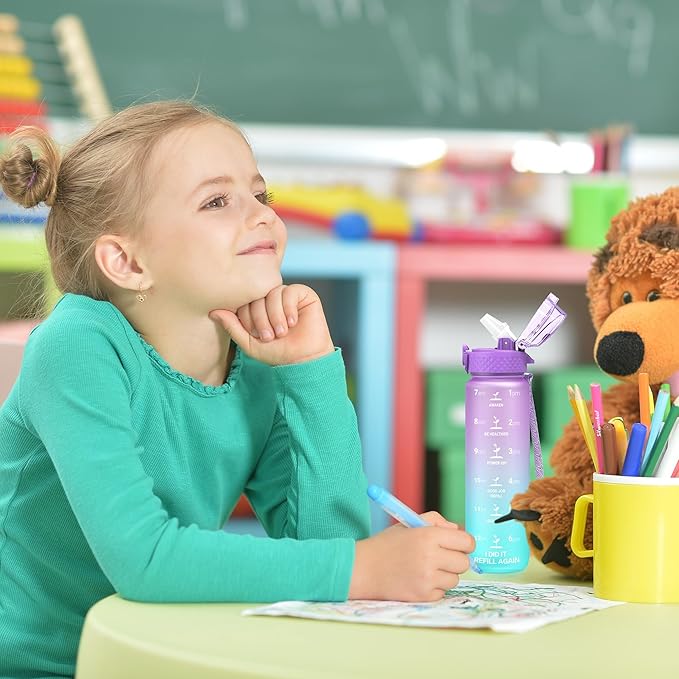 OLDLEY Kids Water Bottle for School, 17 oz (Straw Lid) BPA-Free Reusable Leak-proof Durable Tritan Plastic Water Bottles with One-handed Opening Straw Lids, Anti-dust Spout Cover (Macaroon)