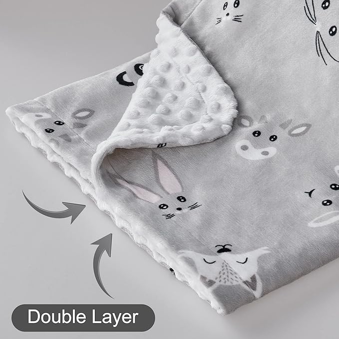 DaysU Silky Micro Soft Plush Baby Blankets Unisex with Print Animal Pattern and Soothing Raised Dots, Double Layer Bed Throws for Baby Crib, Animal Faces, Grey, 30x40 Inches