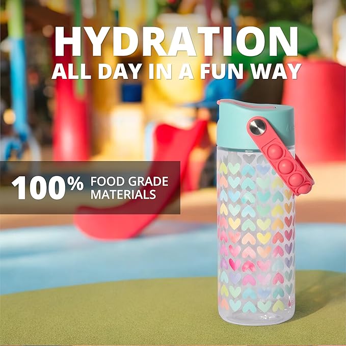 Elemental Leak Proof Water Bottles for Kids - Splash Kids Water Bottle for School with Fun Fidget Pop-it Handle - BPA Free Tritan Plastic Reusable Water Bottle with Straw - Rainbow Heart - 18oz