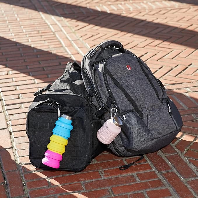 Mayim Collapsible Water Bottles Silicone Travel Tumbler with Clip for Backpack, Reusable Portable Sport Water Bottle for Gym, Camping, Hiking or Airport, 17 Oz Blue Tie Dye