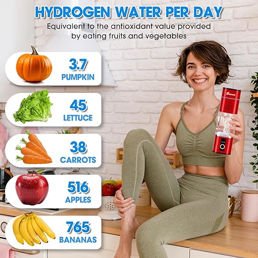 Hydrogen Water Bottle, 3000+ ppb Hydrogen Water Bottle Generator with SPE/PEM Technologyand LED Display, Hydrogen Water Ionizer Machine for Office, Home, Travel,Gift (Red)