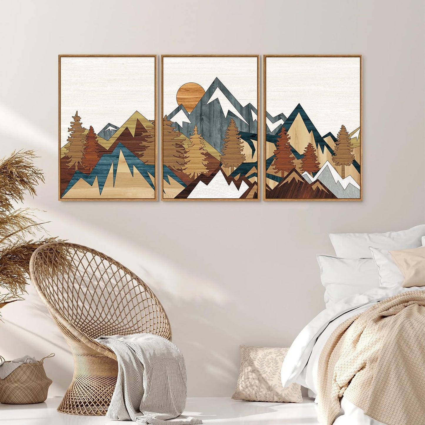 SIGNINART Large Mountain Framed Canvas Wall Art, Boho Sunrise Wilderness Art Prints, Vintage Forest Nature Artwork, Modern Farmhouse Woodcut Style Wall Decor for Living Room Bedroom Office 24"x36"x3