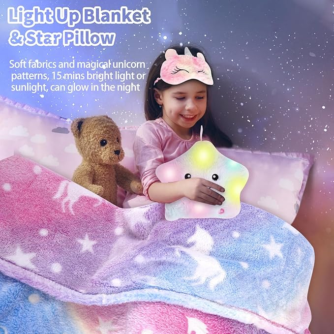 Unicorn Gifts for Girls 3 4 5 6 7 8 Years Old, Unicorn Toys with Plush Light Up Star Pillow Blanket Diamond Art Bracelet Graduation Birthday Gifts for Girls